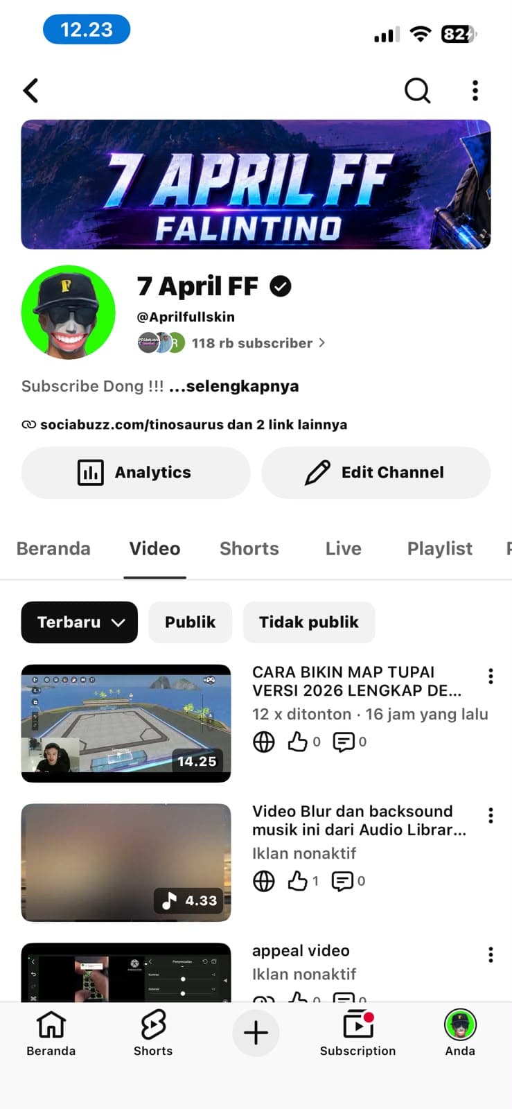 YouTube profile of Falintino